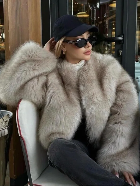 Lux Faux Fur Women's Coat - Taupe - Picture 1 of 3